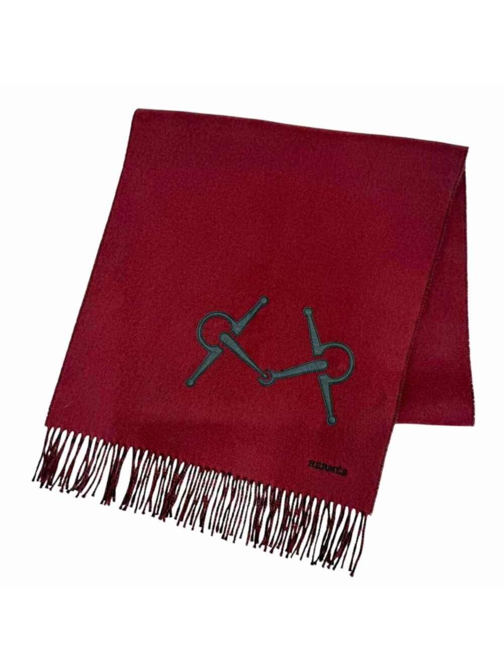 Hermes Cashmere 100% Logo Embroidery Horsebit Hami Motif Leather Patch Fringe